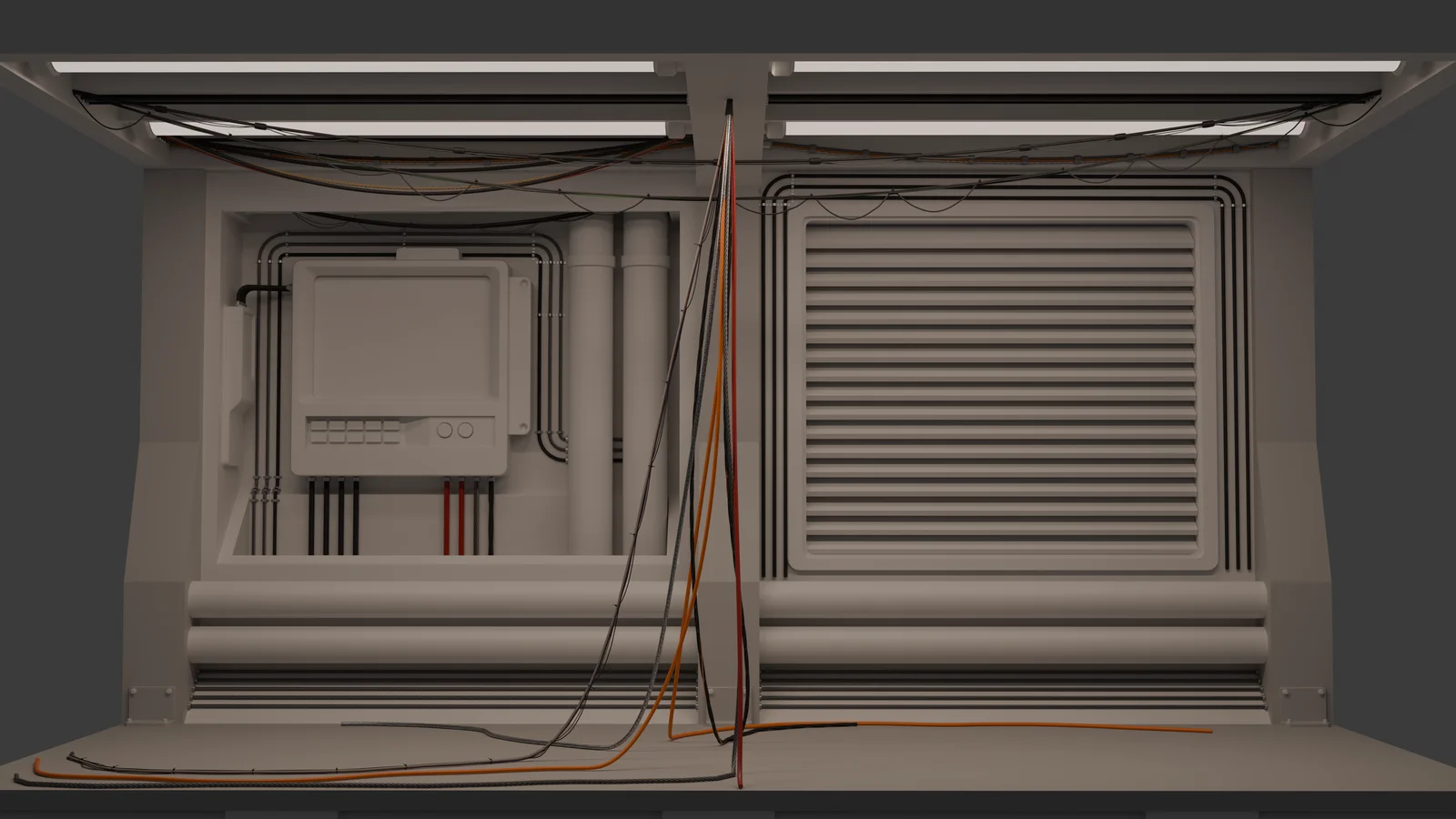 The same room dressed with Conduit: wall runs, hanging cables and a bundle dropping to the floor.