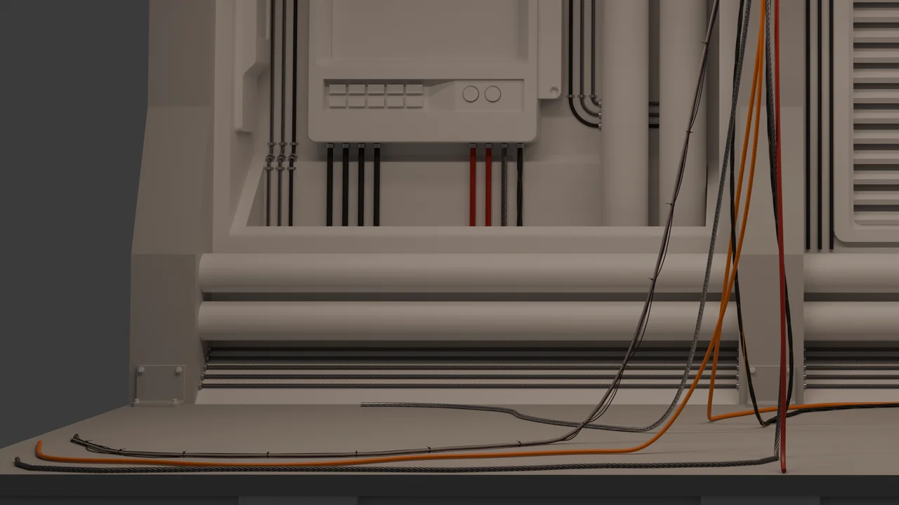 Black, grey and orange cables dropping from the ceiling and settling across the floor.