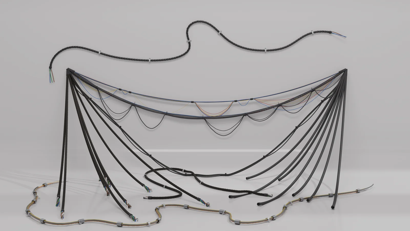 Every mode in one frame on a light backdrop: a drawn cable along the wall, a hanging drape with loose wires, two fans of cables from the top corners, and a clamped harness across the floor.
