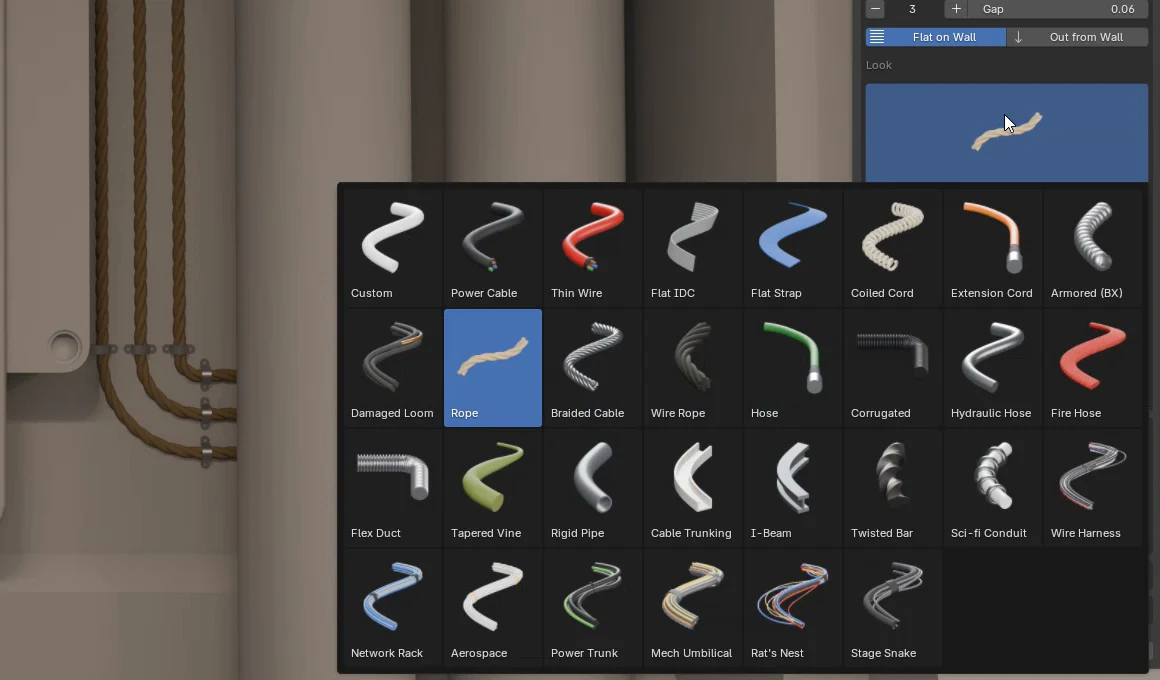 Conduit's profile picker in Blender, showing all 29 cable presets, with a rope run on the wall beside it.
