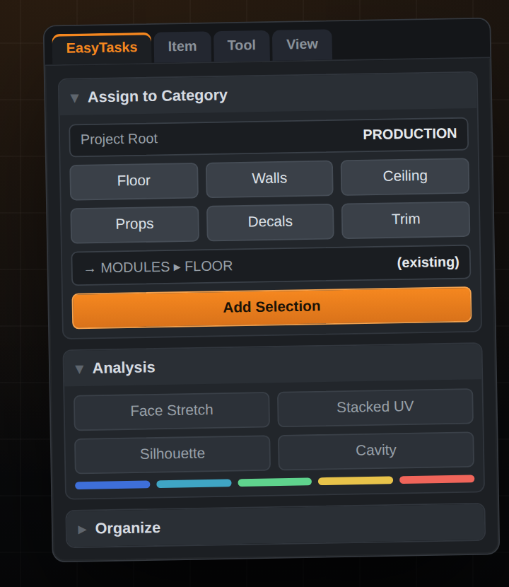 The Easy Tasks sidebar panel in Blender, showing Assign to Category, Analysis and Organize sections.
