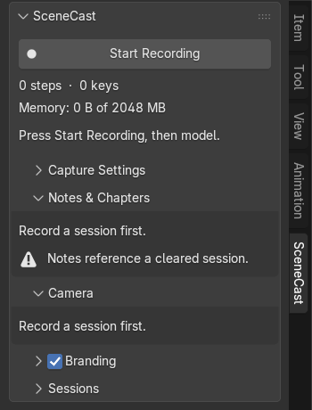Notes & Chapters and Camera before a recording