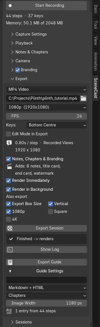The end of the Export box, with Render in Background on and Guide Settings unfolded