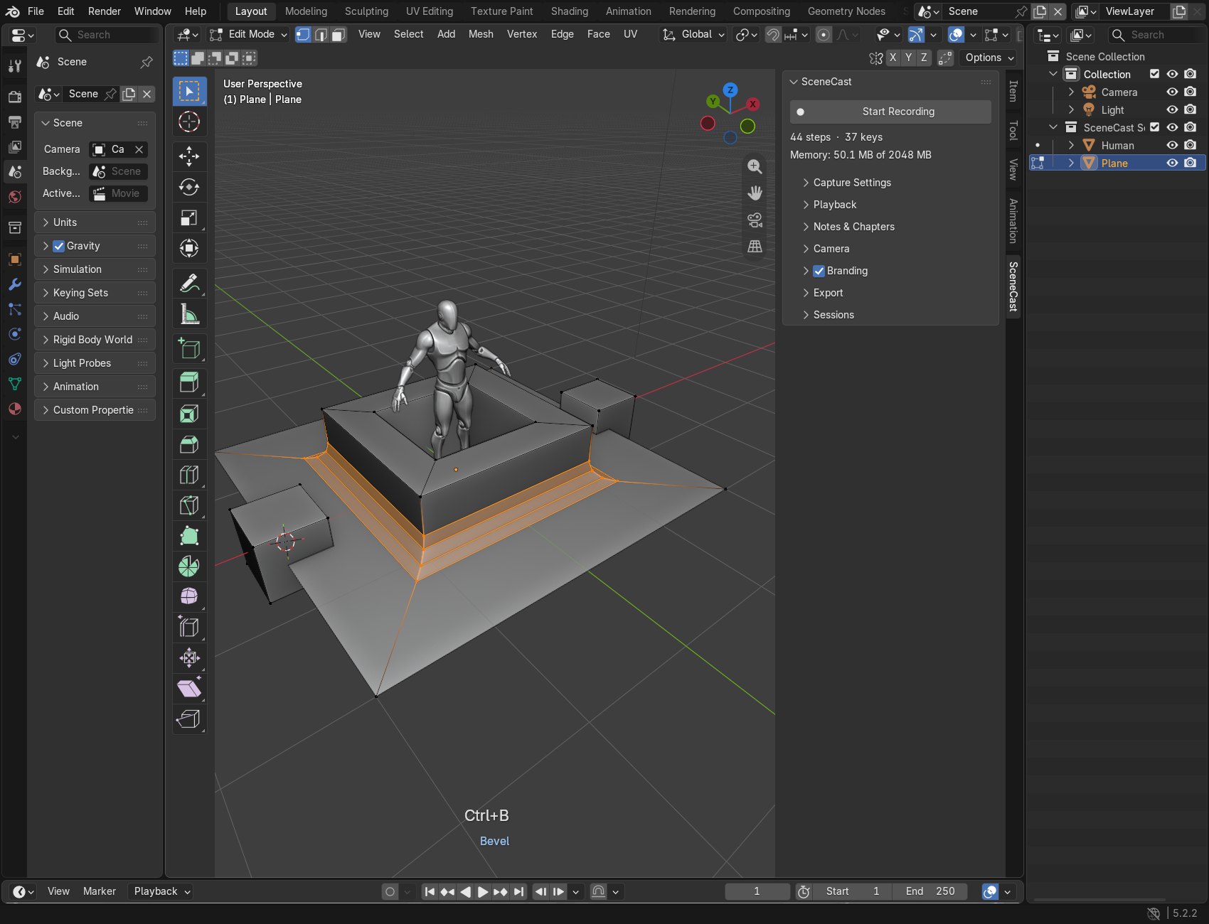 Blender 5.2 with the SceneCast tab open in the 3D viewport sidebar