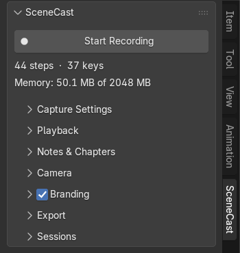 The SceneCast panel with a session recorded