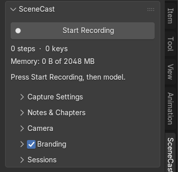 The SceneCast panel before anything is recorded