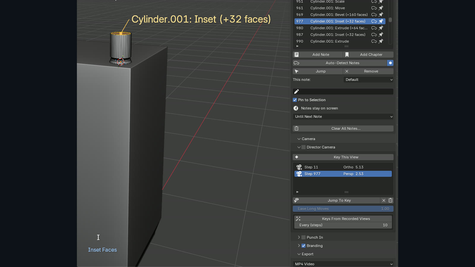 Camera keys placed on the step timeline and the resulting directed camera move.