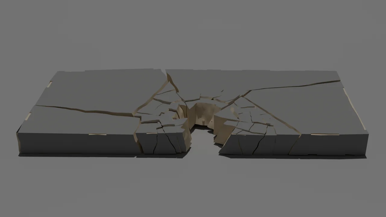 A concrete slab split by an impact, with a crater punched through the middle.