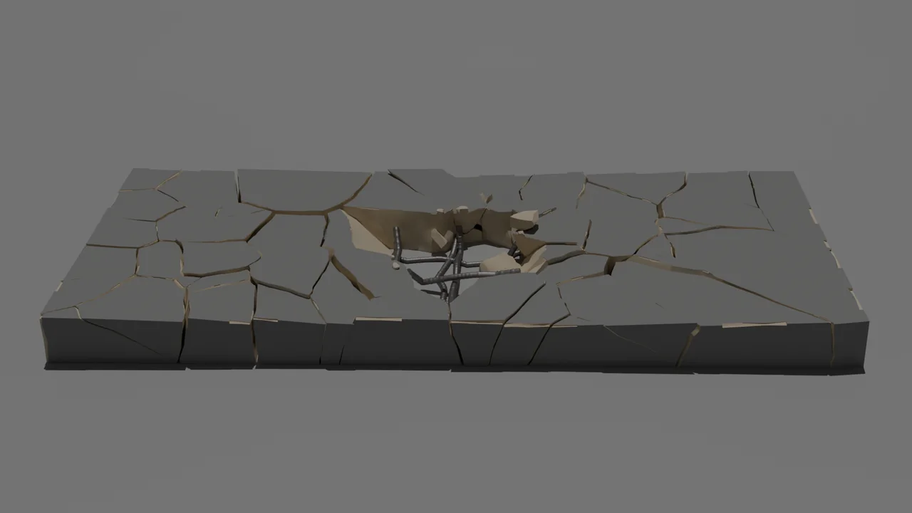 A cracked concrete slab with a hole and bent rebar showing through.