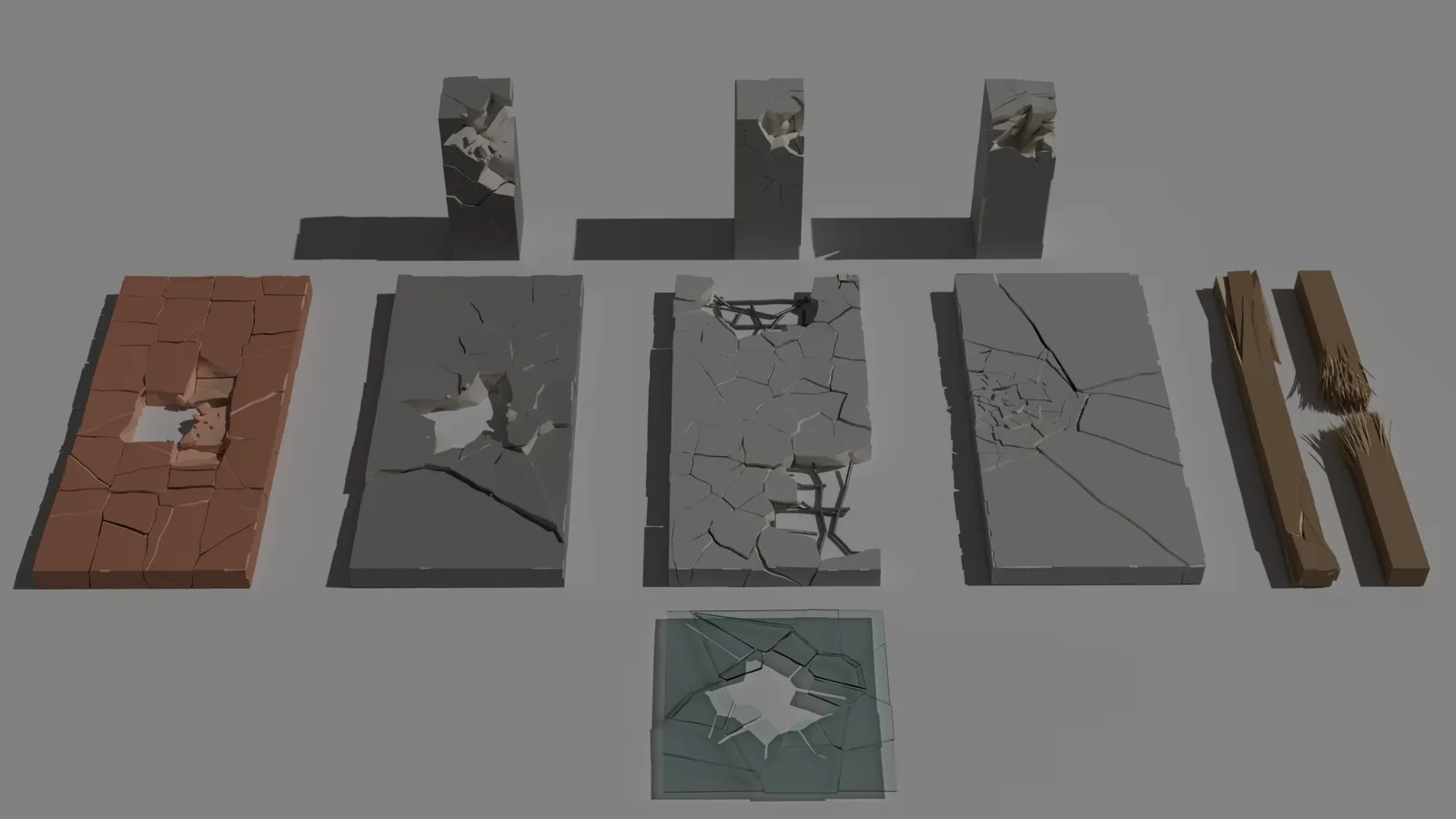 Six Spall presets: brick, concrete with rebar, an impact slab, a snapped wooden beam, a shattered glass pane and broken columns.