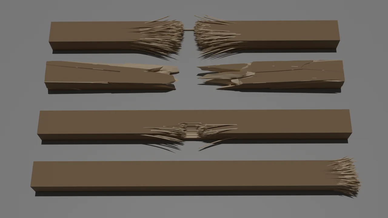 Wooden beams splintered, frayed and snapped in two, the fibres torn out at the break.