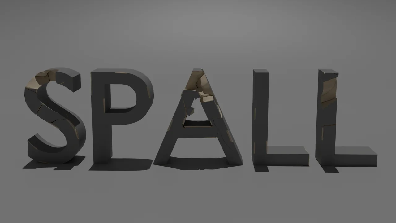 The word SPALL in 3D letters, each broken open to show the inside.